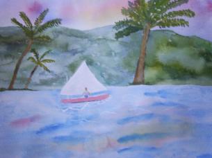 children's illustration, sailboat, palm trees, watercolor